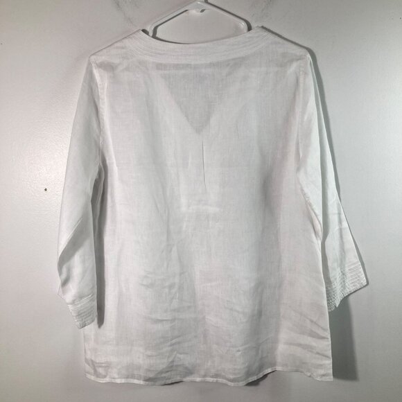 Womens Sigrid Olsen Linen V Neck Pleat Front Tunic 3/4 Sleeve Button Detail Whit - Picture 2 of 8